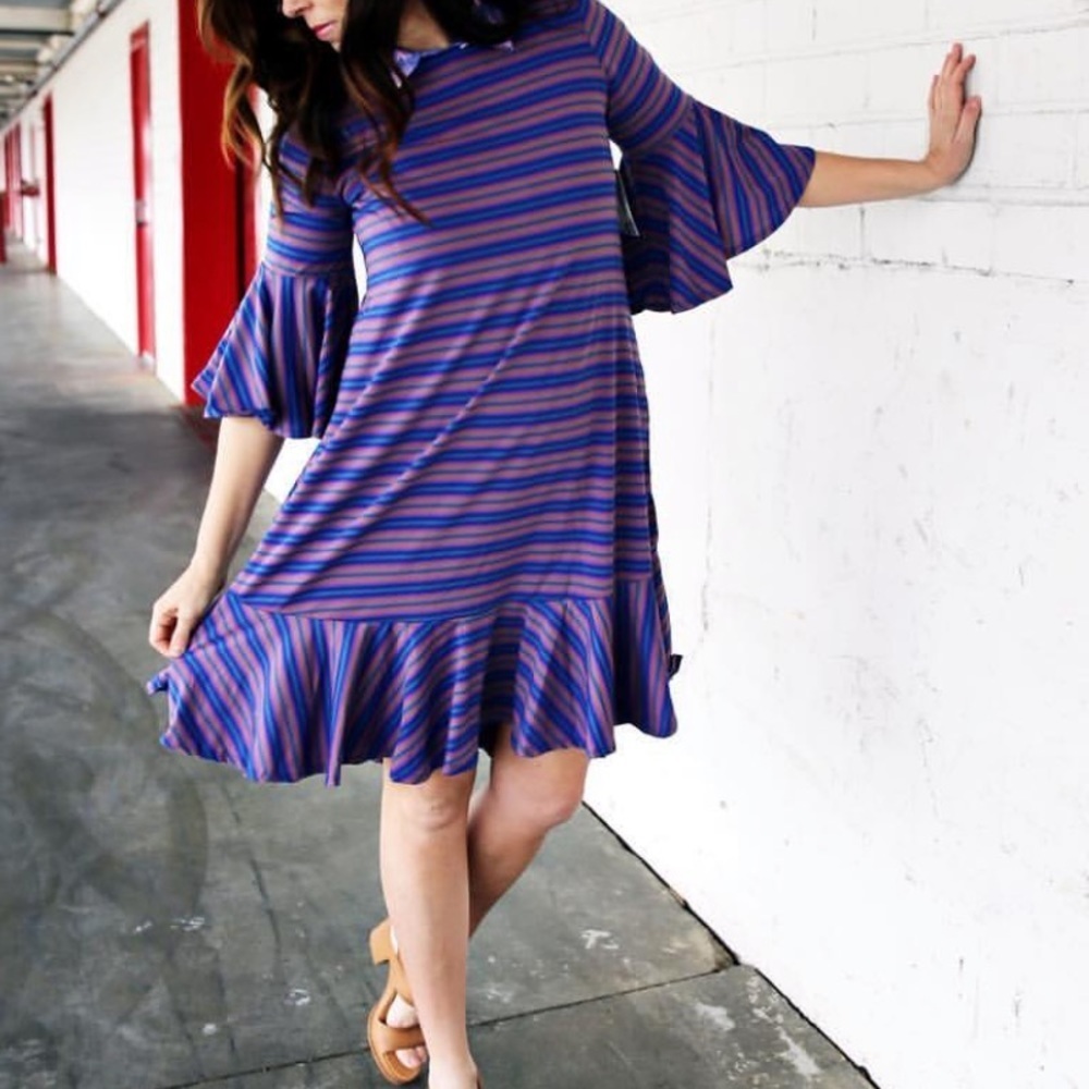 NEW • Lularoe • Maurine Ruffle Stripe Dress Purple
